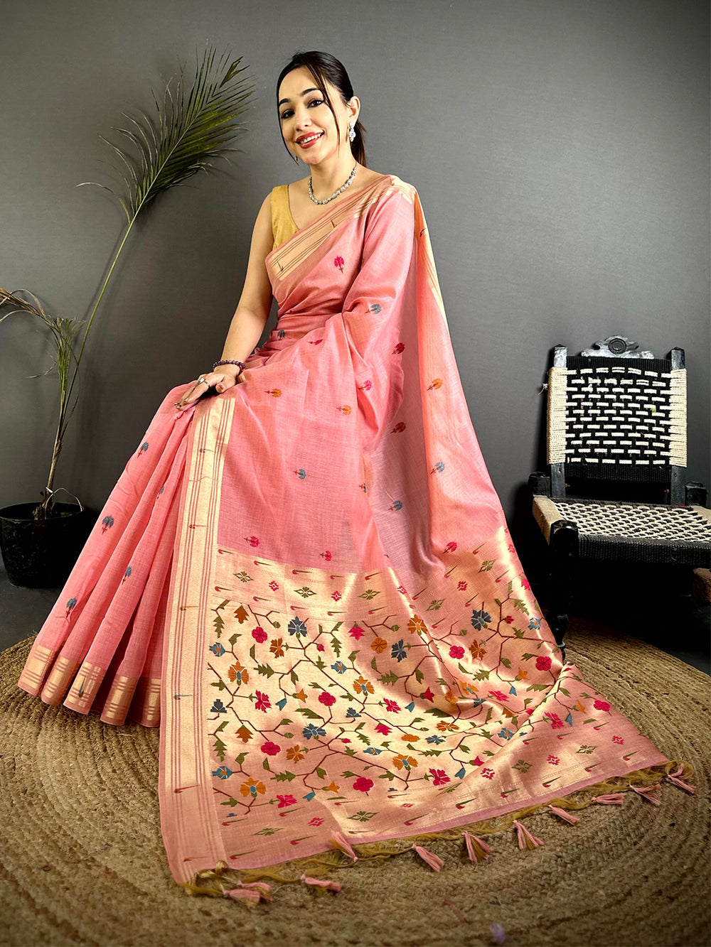 Pink Geometric Patola Khadi Linen Saree