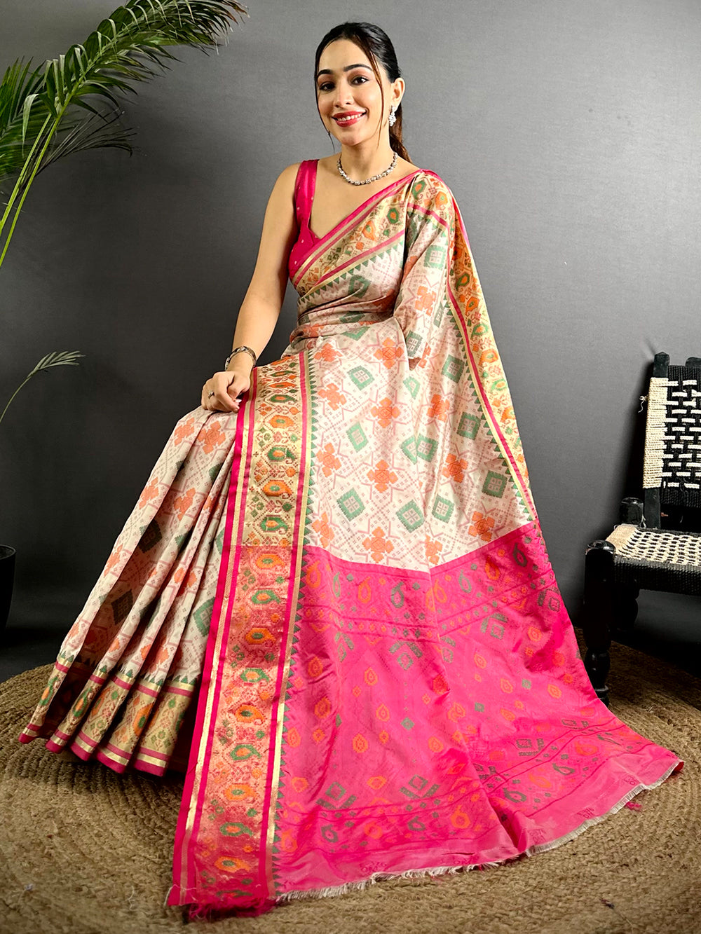 White Soft Silk Saree With Patola Weaving
