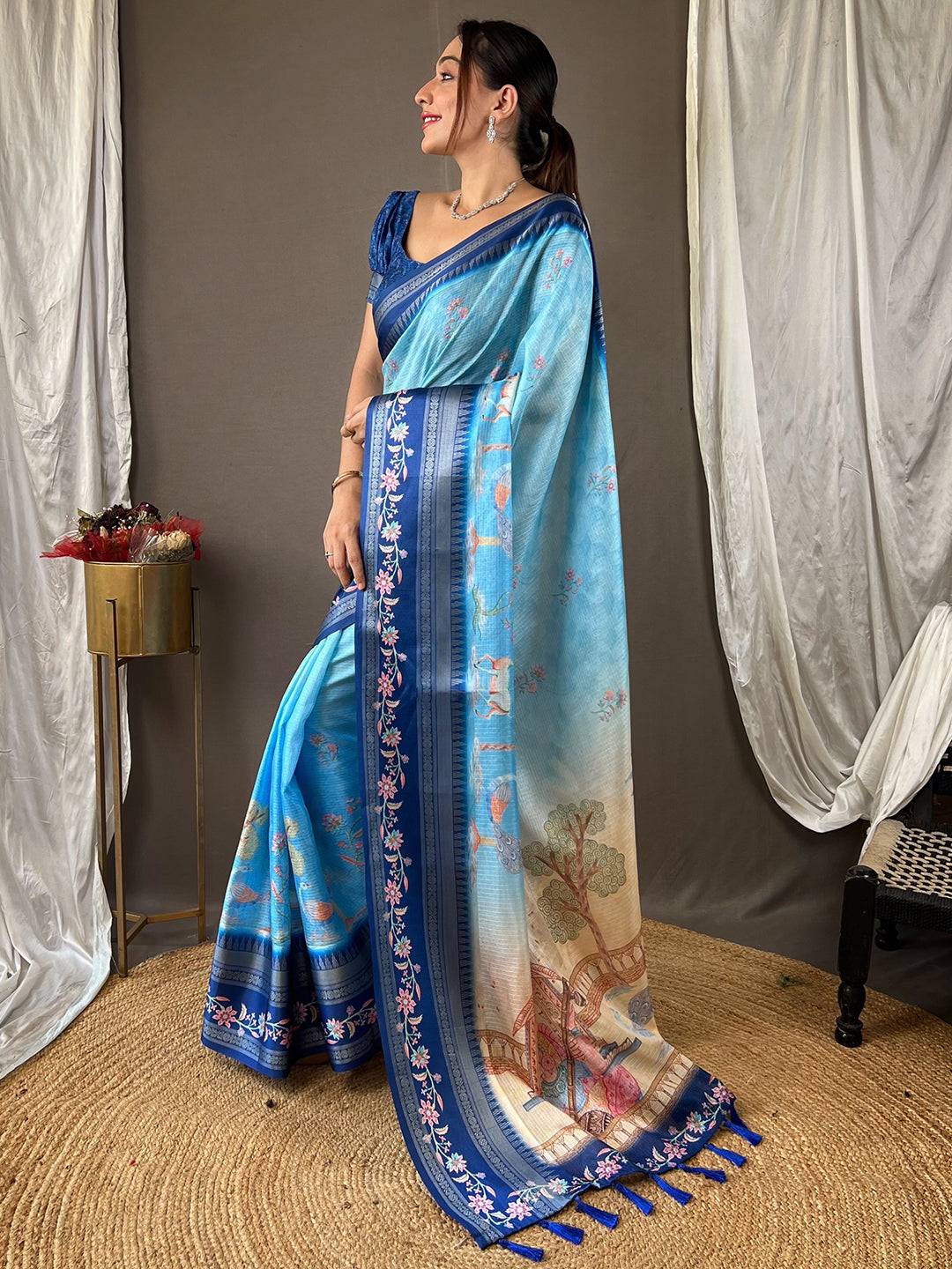 Traditional Powder Blue Kota Saree with floral satin border