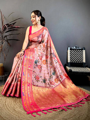 Pastel Pink Paithani Border Kora Tissue Saree