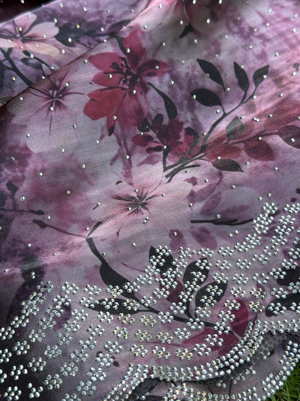 Imported Glass Satin Silk Diamond Work Saree