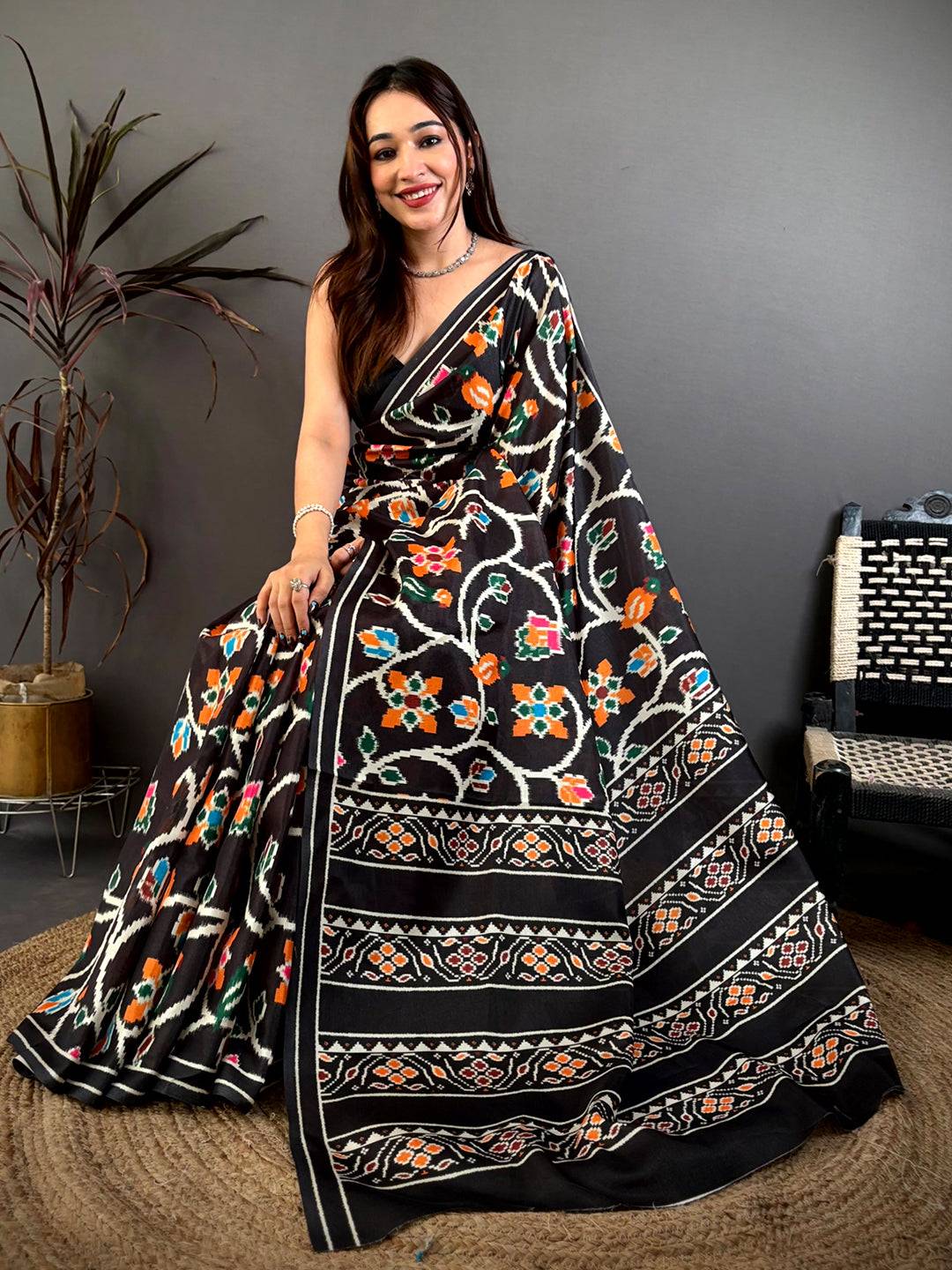 Elegant Black Ikkat Print Tussar Silk Saree