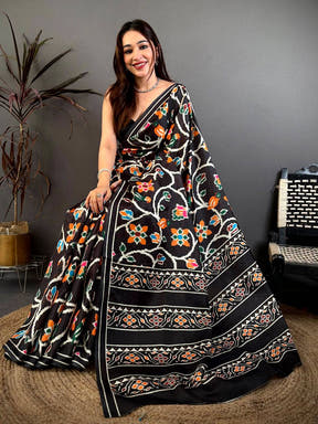 Elegant Black Ikkat Print Tussar Silk Saree