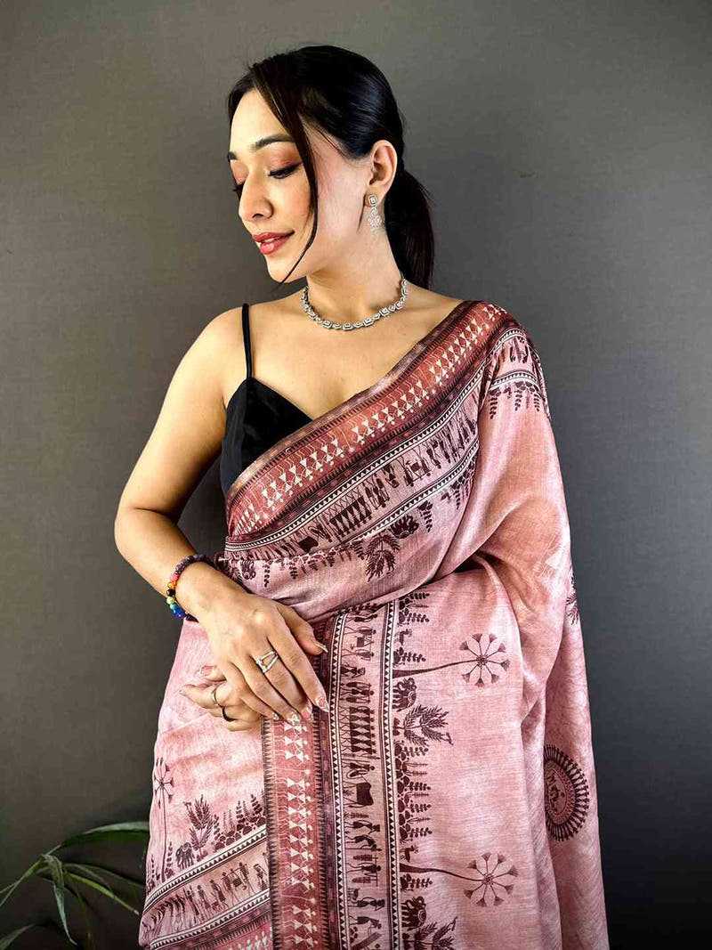 Dusty Rose Warli Print Tissue Chanderi Saree