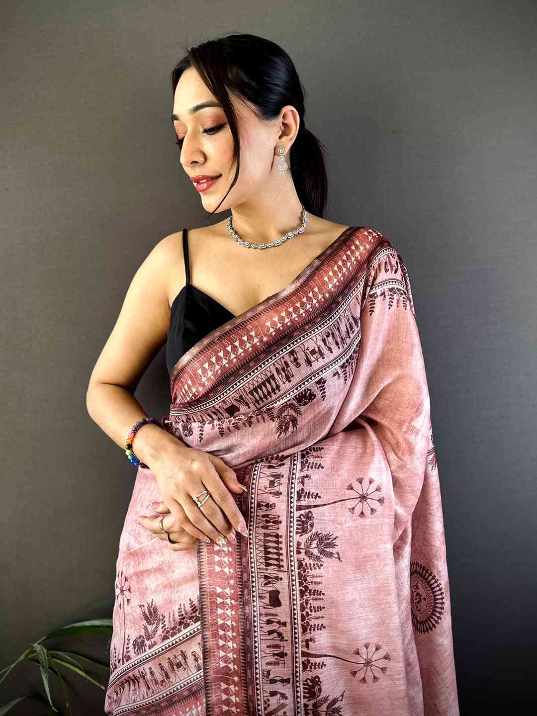 Dusty Rose Warli Print Tissue Chanderi Saree