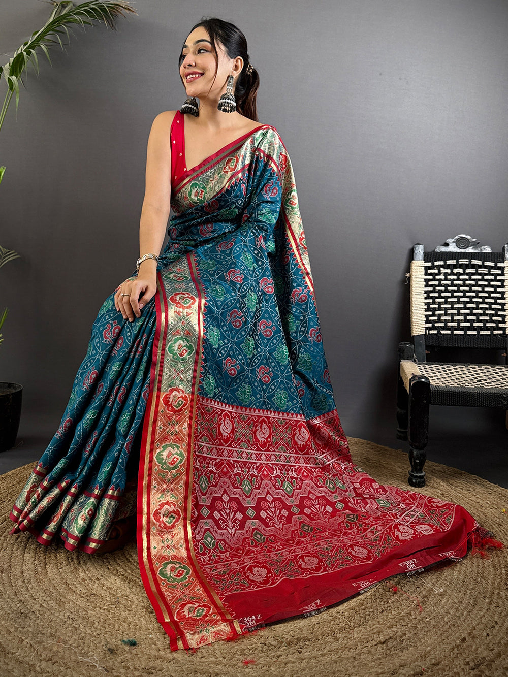 Elegant Denim Blue Pochampally Patola Silk Saree