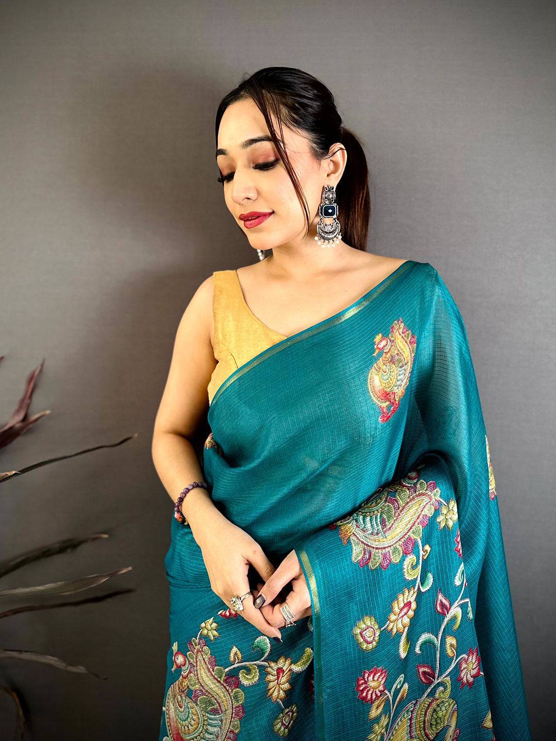 Teal Peacock Kalamkari Kota Saree
