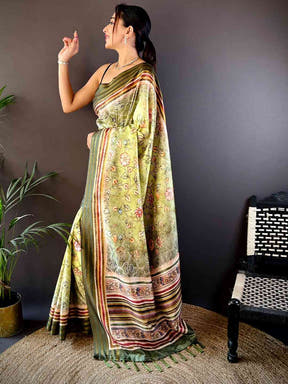 Pista Kalamkari Floral Printed Silk Saree
