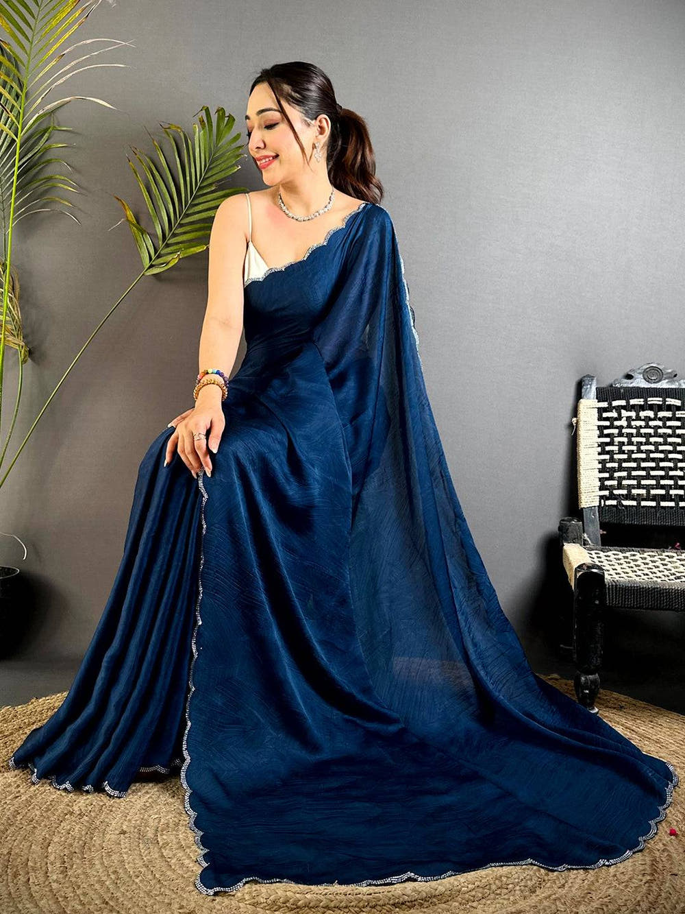 Navy Stone Work Silk Crush Saree



