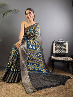 Ink Blue Ajrak Print Viscose Saree