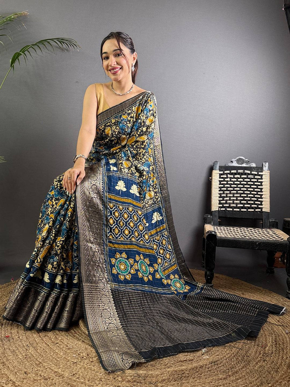 Ink Blue Ajrak Print Viscose Saree