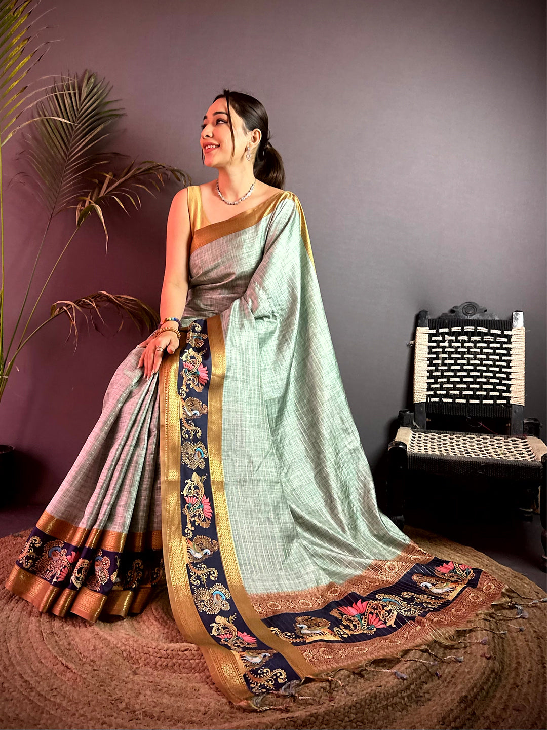 Vibrant Tanjore Art Khadi Semi Silk Saree