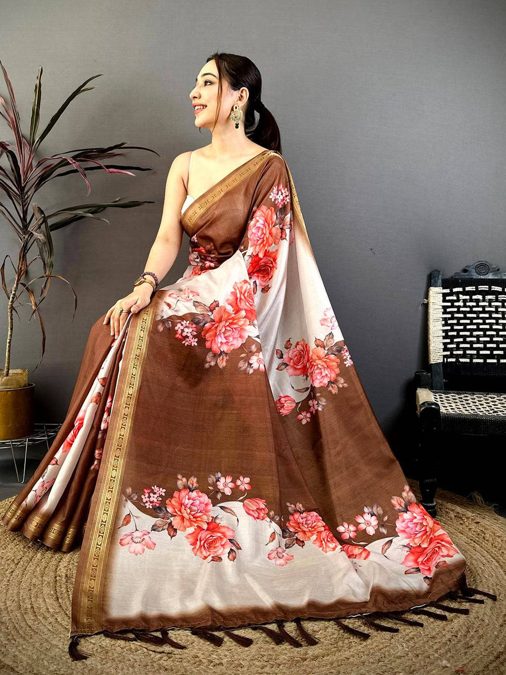 Brown Soft Silk Floral Lehriya Print Saree