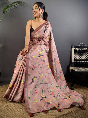 Artistic Floral Bird Print Tussar Silk Saree