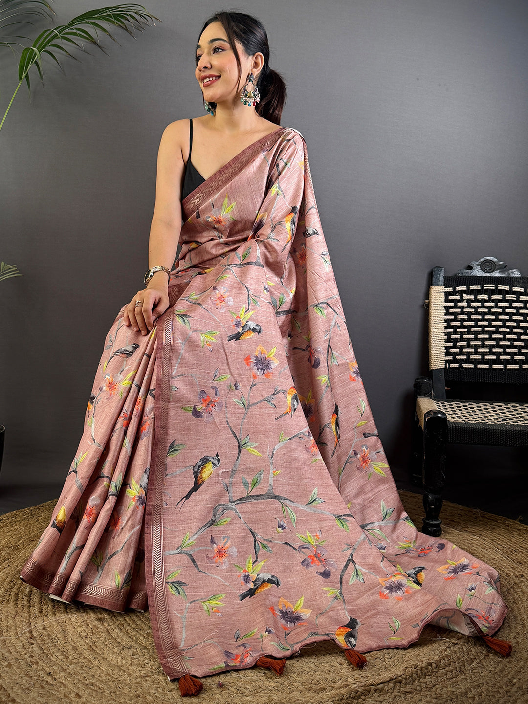 Artistic Floral Bird Print Tussar Silk Saree