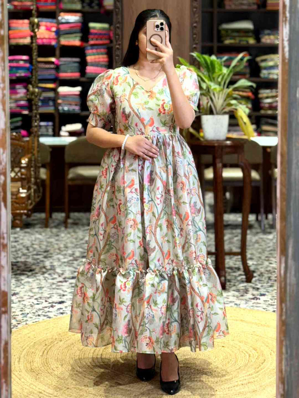Light Beige Floral Print Midi Dress