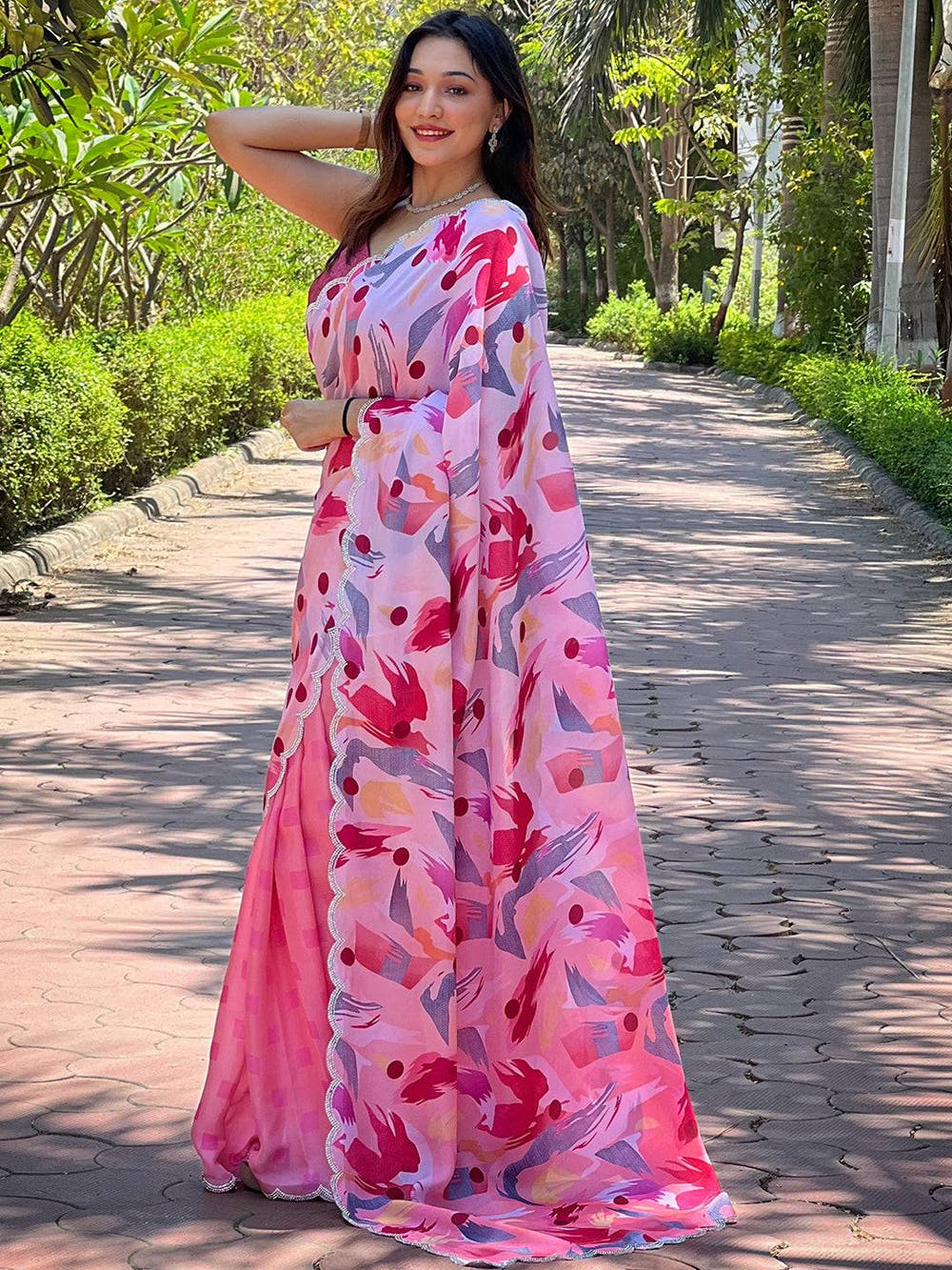 Pink Batik And Polka Dots Print Saree

