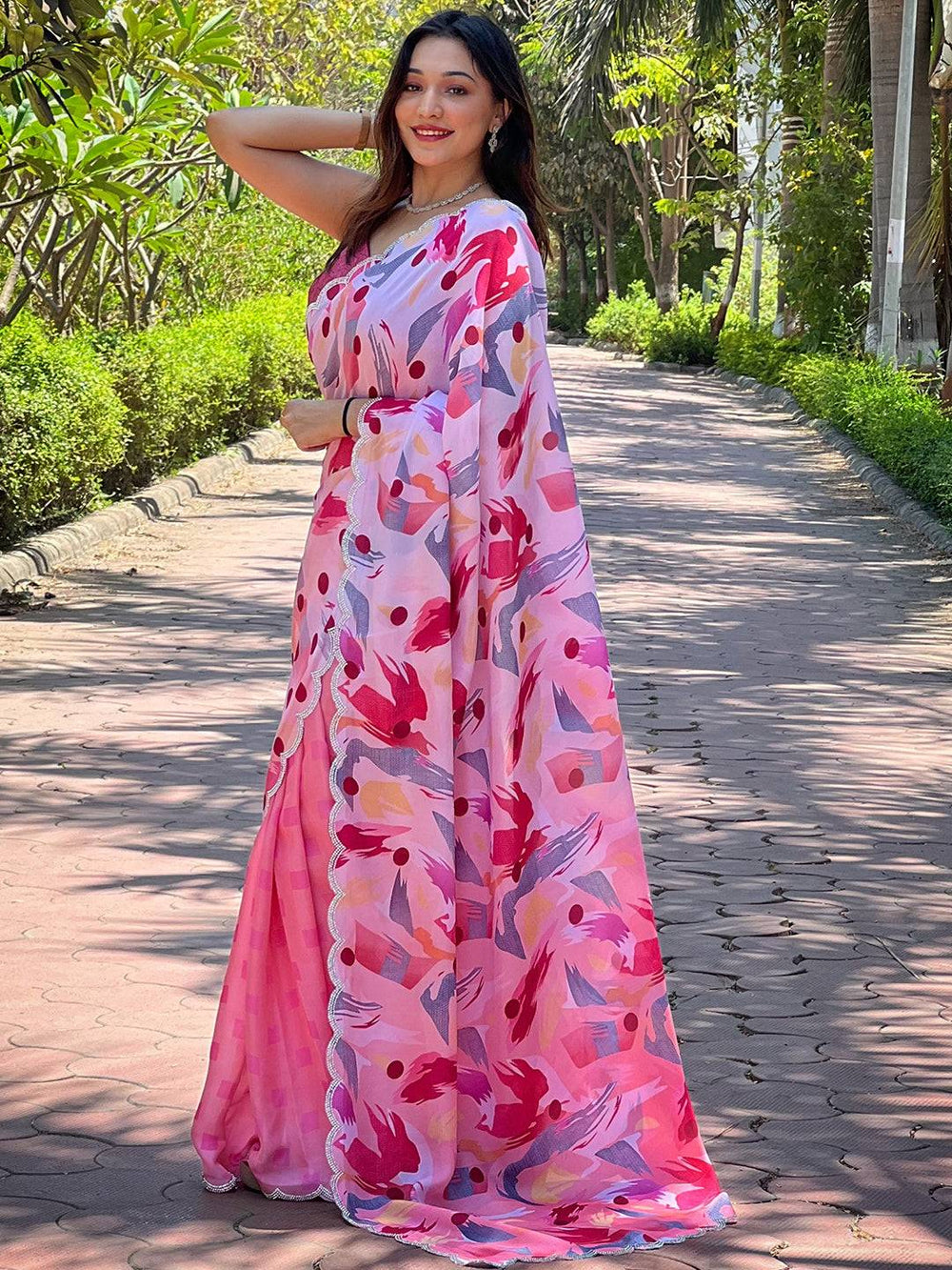 Flowy Pink Batik and Polka Dots Print Saree, nature backdrop