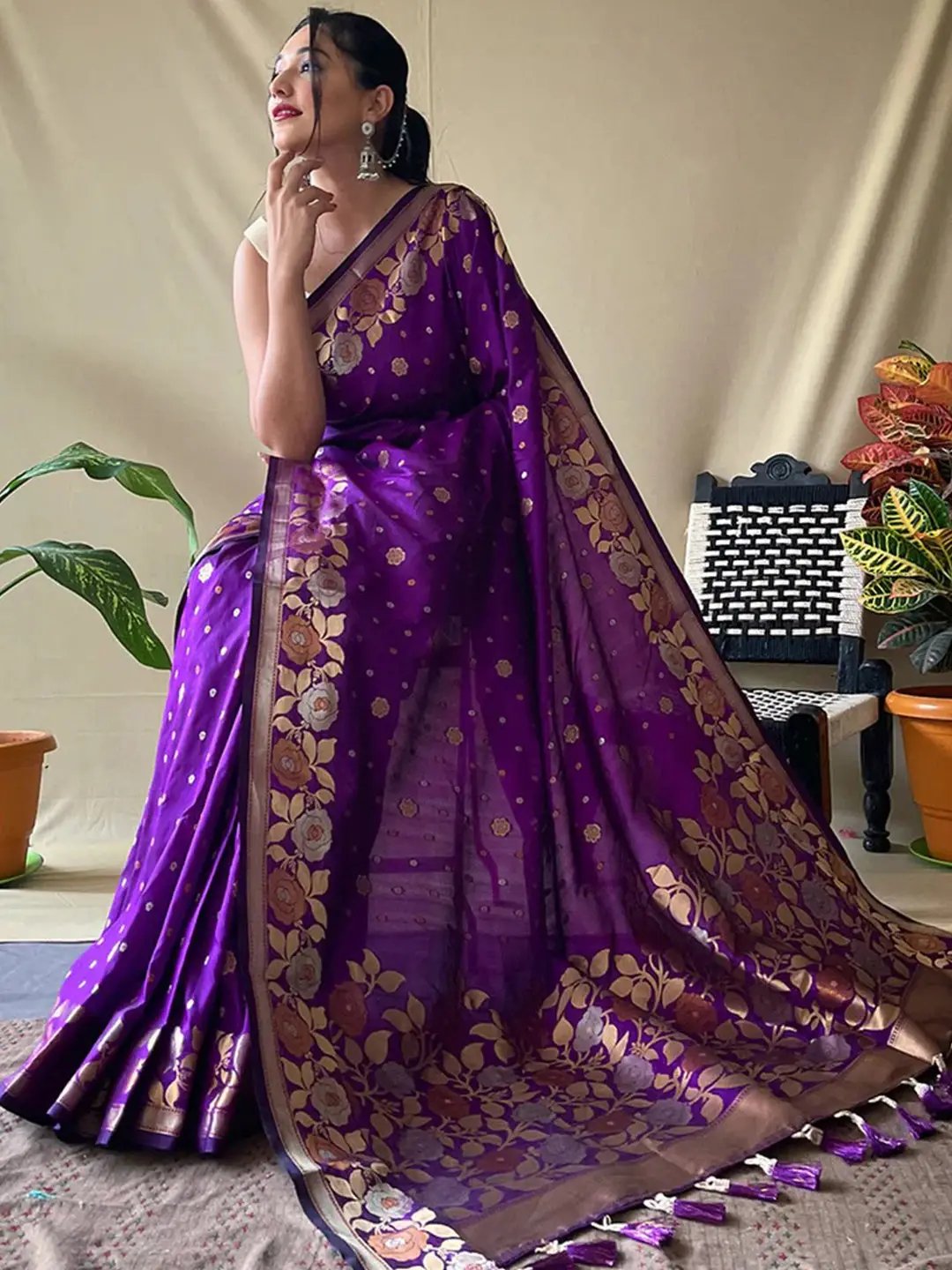 Elegant purple Banarasi silk saree draped on model