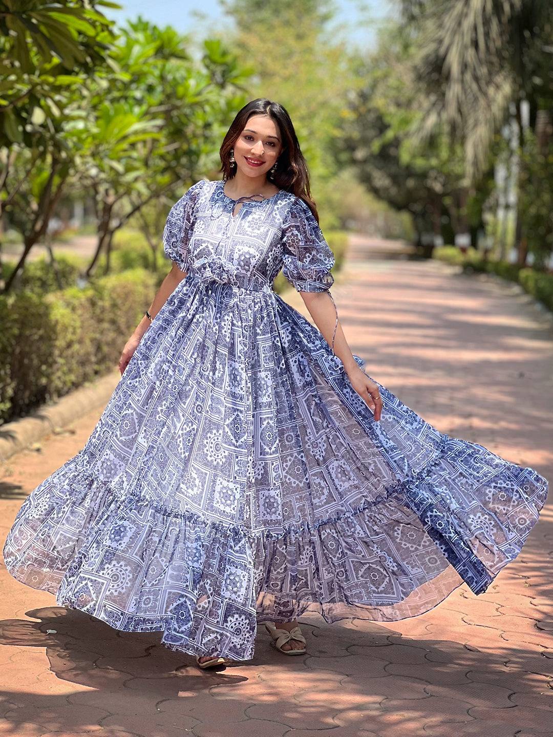 Stylish block print dress in outdoor setting