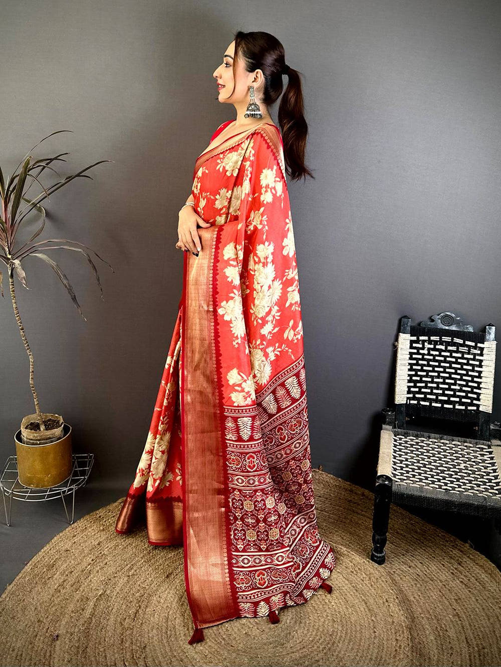 Coral Dola Big Floral Zari Kanchi Saree