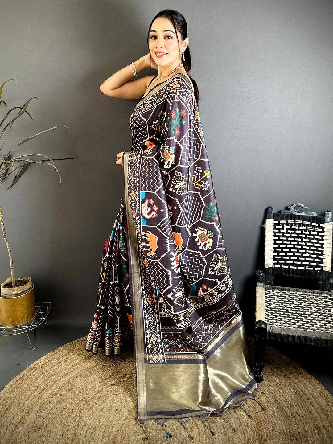 Celebrity Gold Lakda Patta Kalamkari Saree
