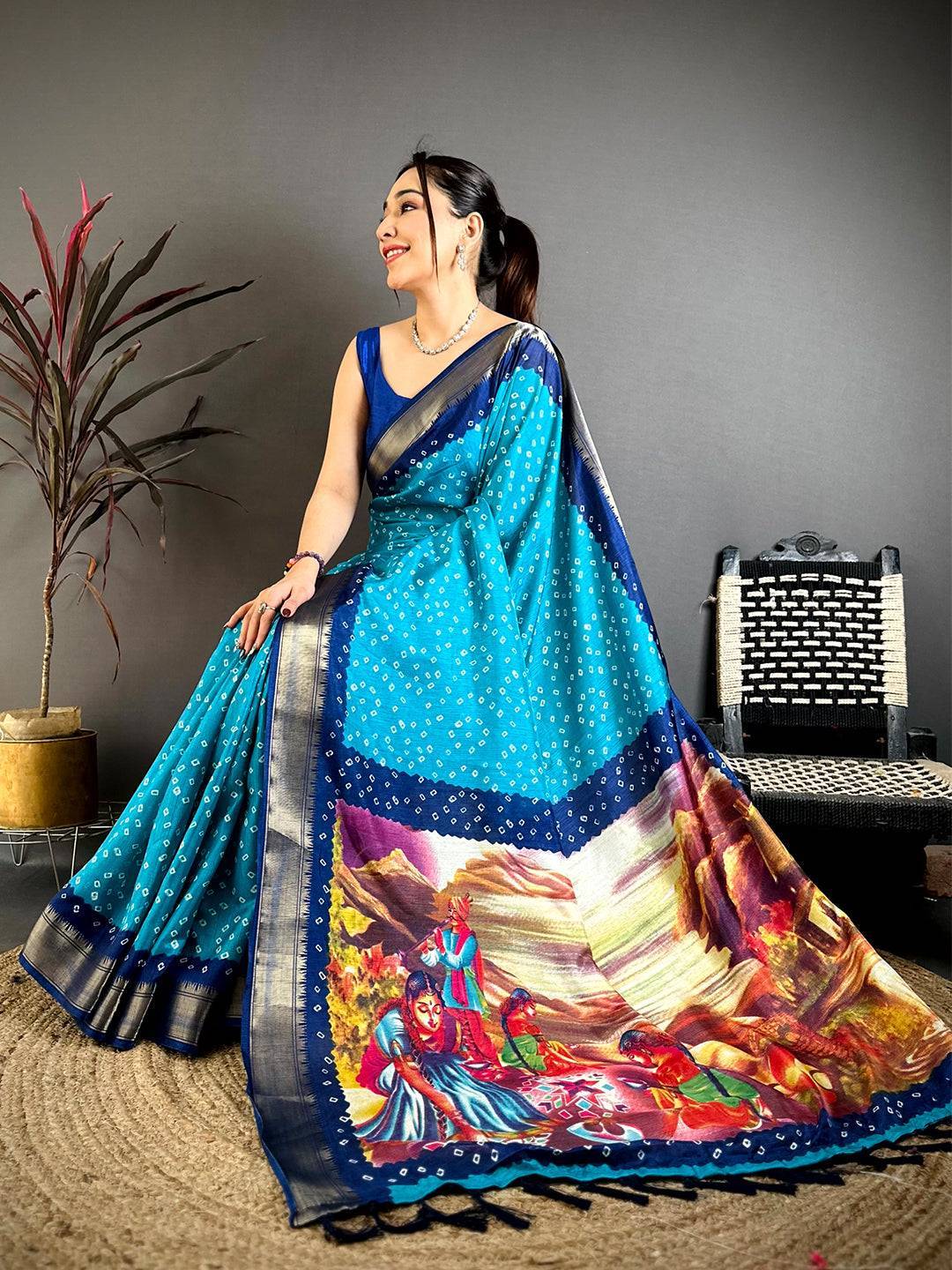 Aqua Bandhej Fusion Dola Print Saree