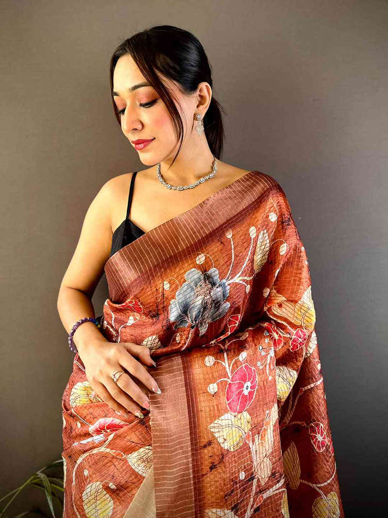 Brown Chex Kalamkari Floral Print Saree