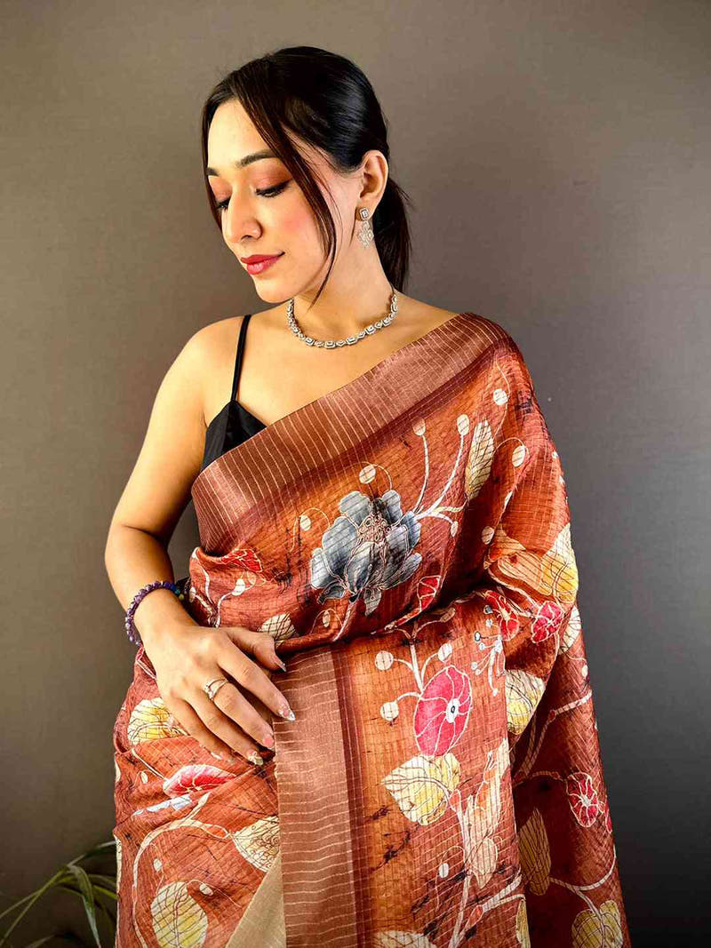 Brown Chex Kalamkari Floral Print Saree