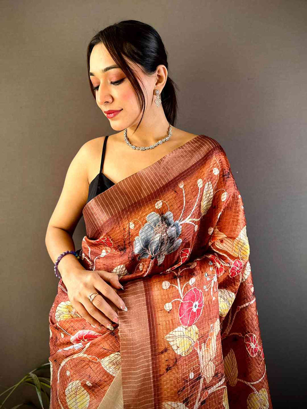 Brown Chex Kalamkari Floral Print Saree
