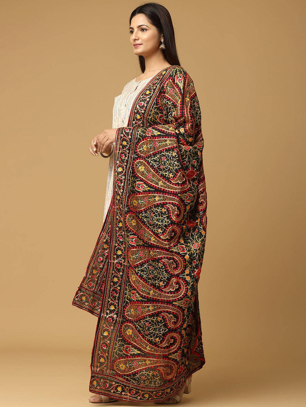 Side view of black chiffon dupatta with colorful threadwork
