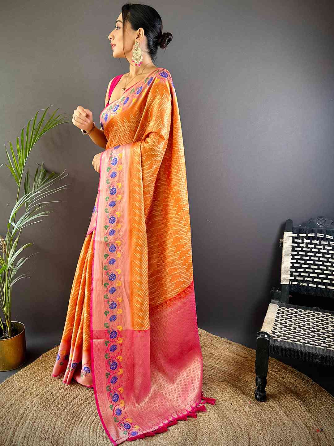 Kora Silk Banarasi Digital Print Saree In Orange Colour