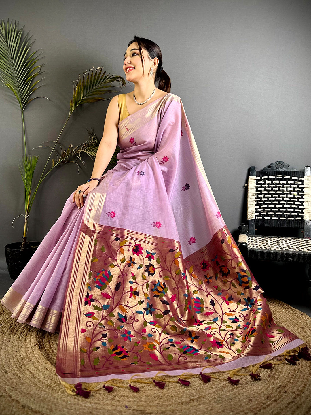 Artisan Minakari Butti Khadi Linen Saree