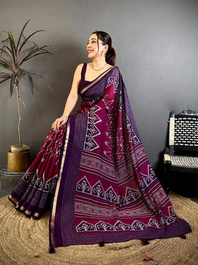 Wine Mul Cotton Ikkat Rudraksha Border Saree