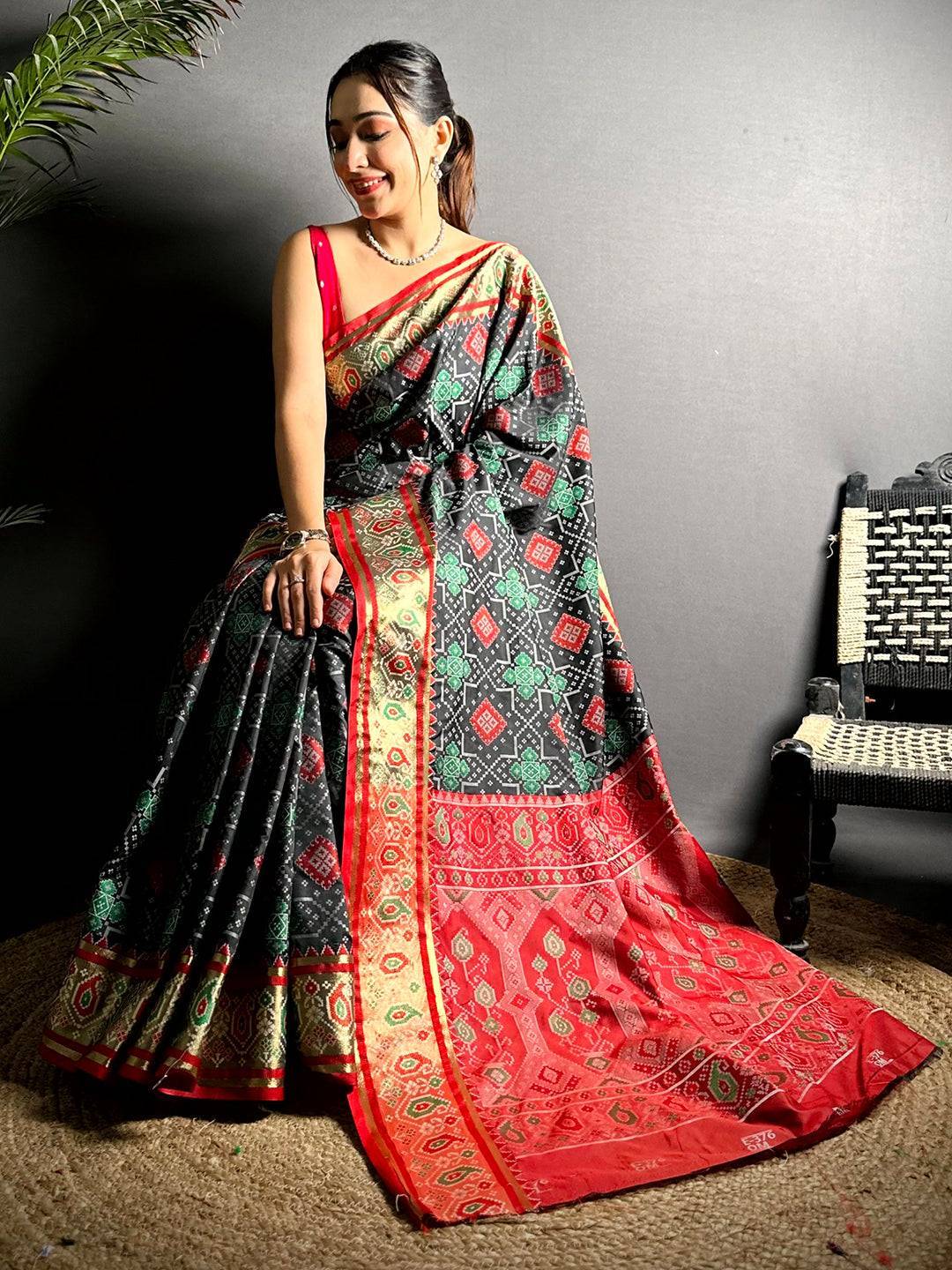 Black Soft Silk Saree With Patola Weaving

