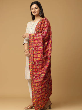 Side view of wine colour poly chiffon pashmina dupatta