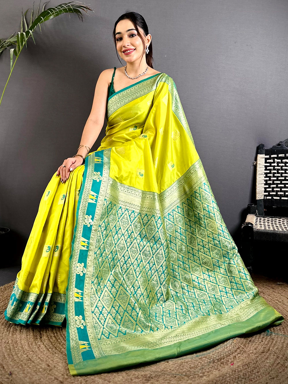 Lime Green Soft Silk Kanjivaram Saree