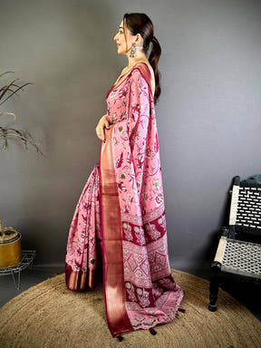 Pink Soft Dola Silk Floral Kanchi Border Saree