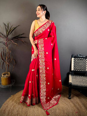 Red Aari Jhalar Tussar Satin Saree