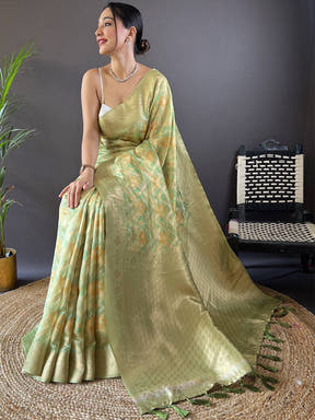 Tulipa Green Colour Block Print Saree

