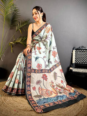 Heritage Swan Pen Kalamkari Art Saree