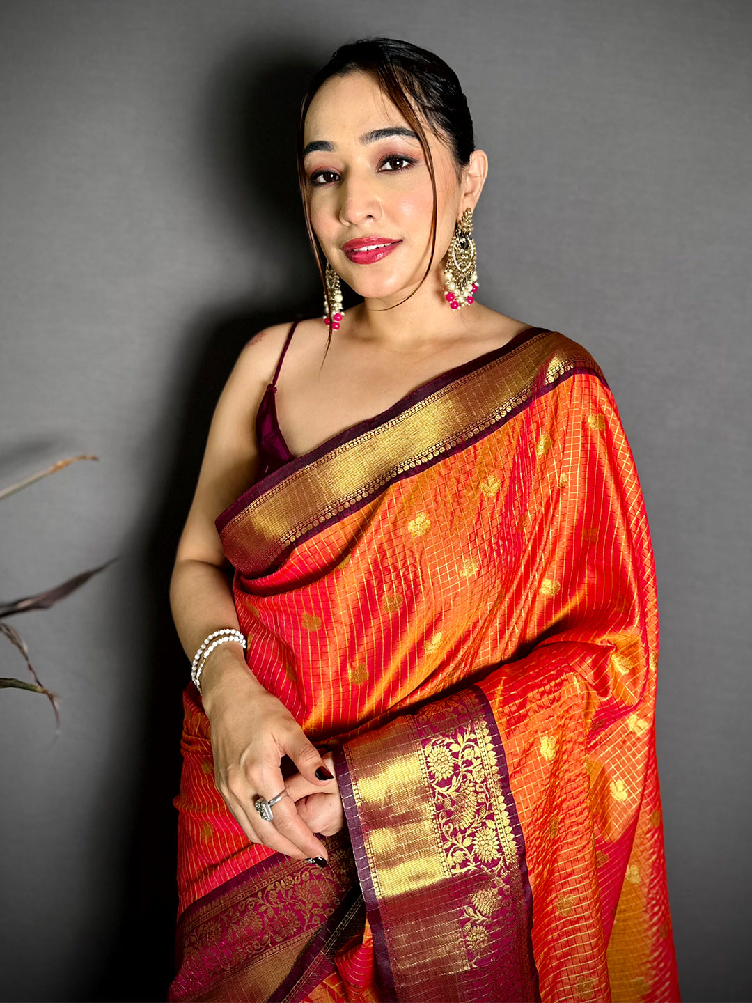 Tussar Silk Saree with Gold Zari Chex Design