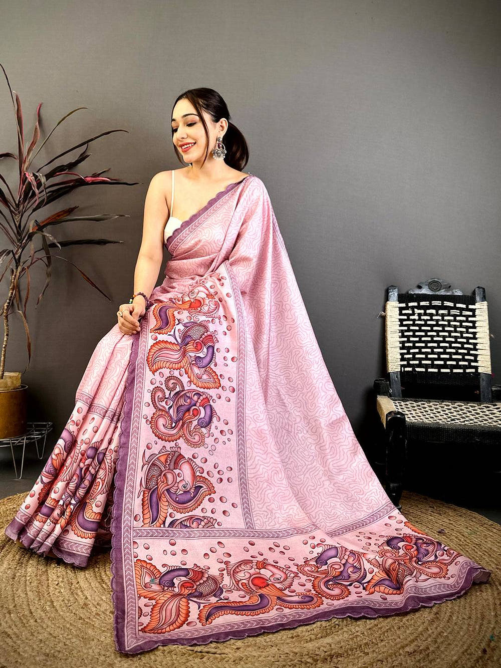 Lavender Kalamkari Tussar Cutwork Saree
