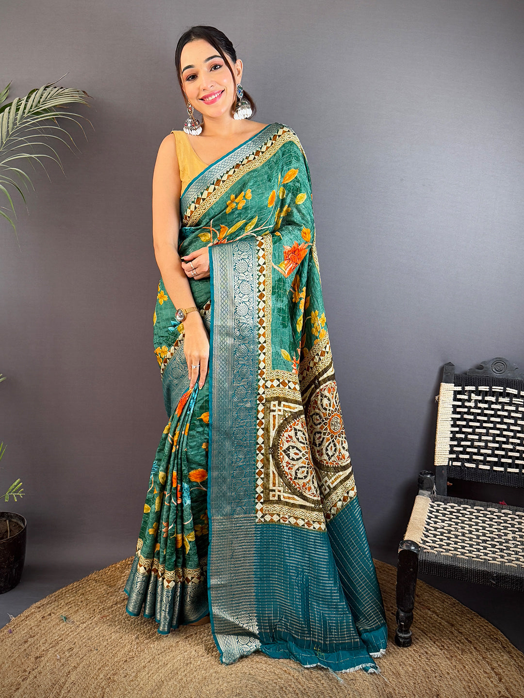 Teal Green Pure Viscose Checked Saree