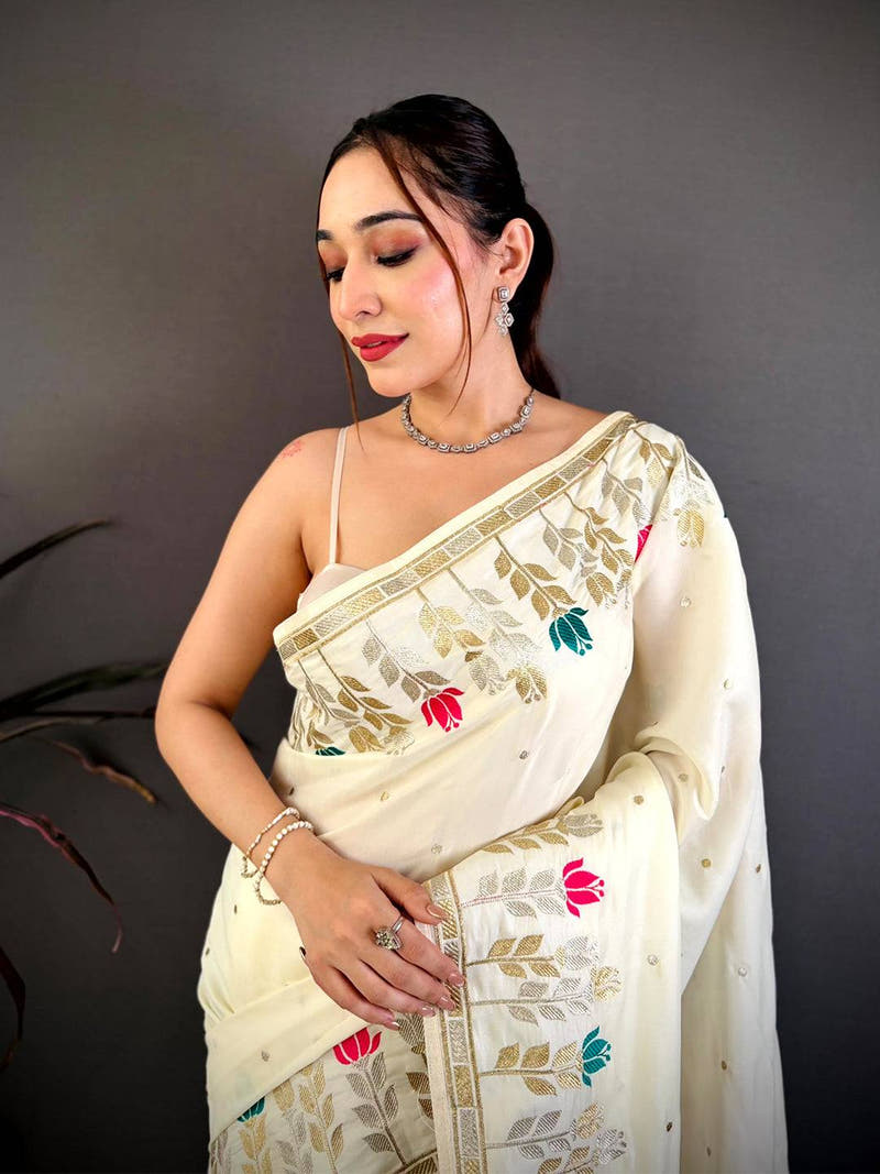 White Soft Satin Minakari Aari Work Saree
