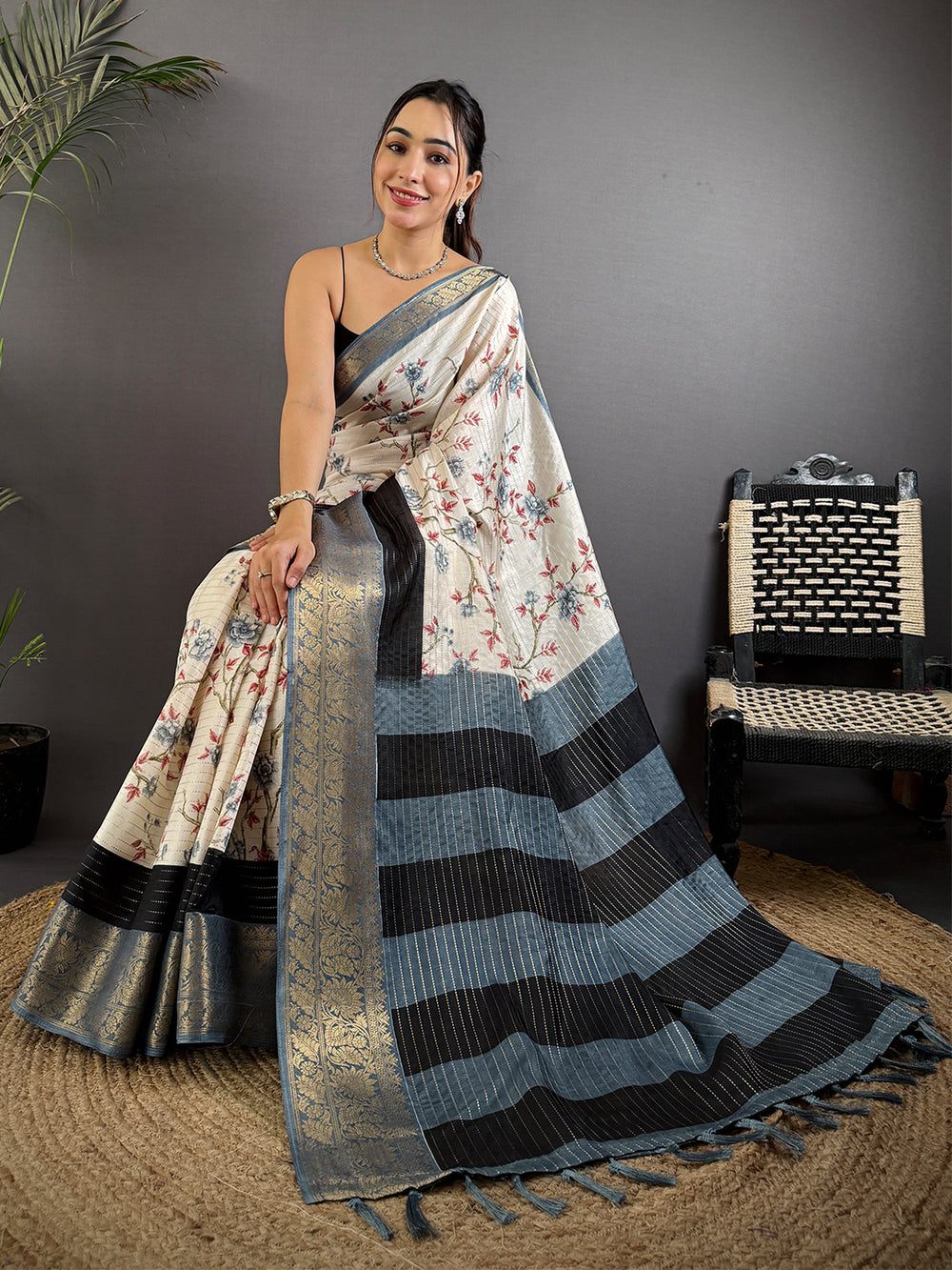 Grey Soft Dola Silk Zari Katha Saree