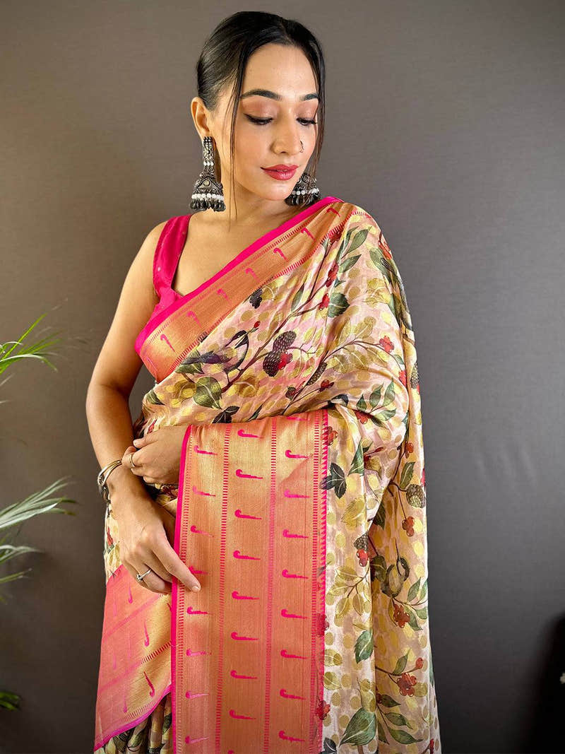 Pastel Cream Paithani Kora Silk Saree