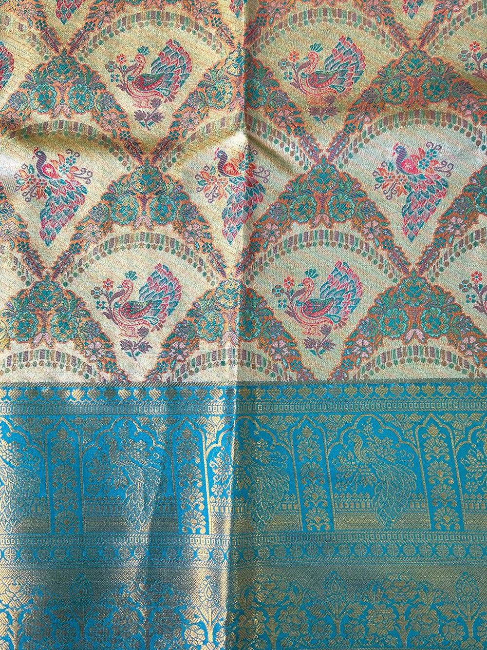 Majestic Rama And Gold Peacock Saree