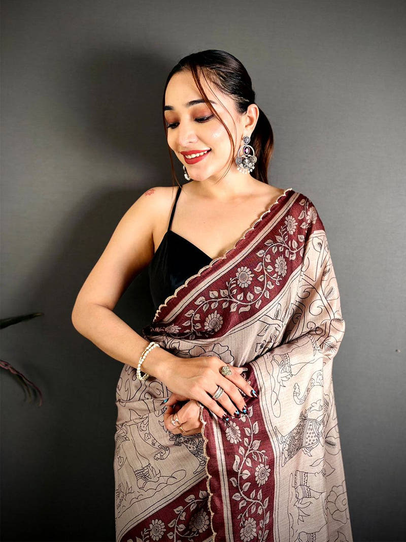 Heritage Pen Kalamkari Printed Tussar Saree

