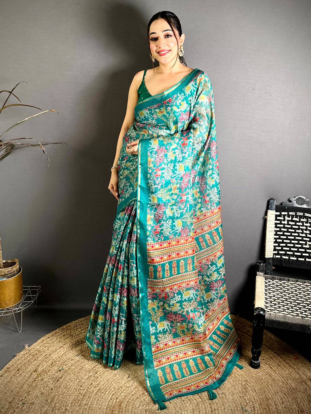 Teal Kota Doriya Kalamkari Print Saree